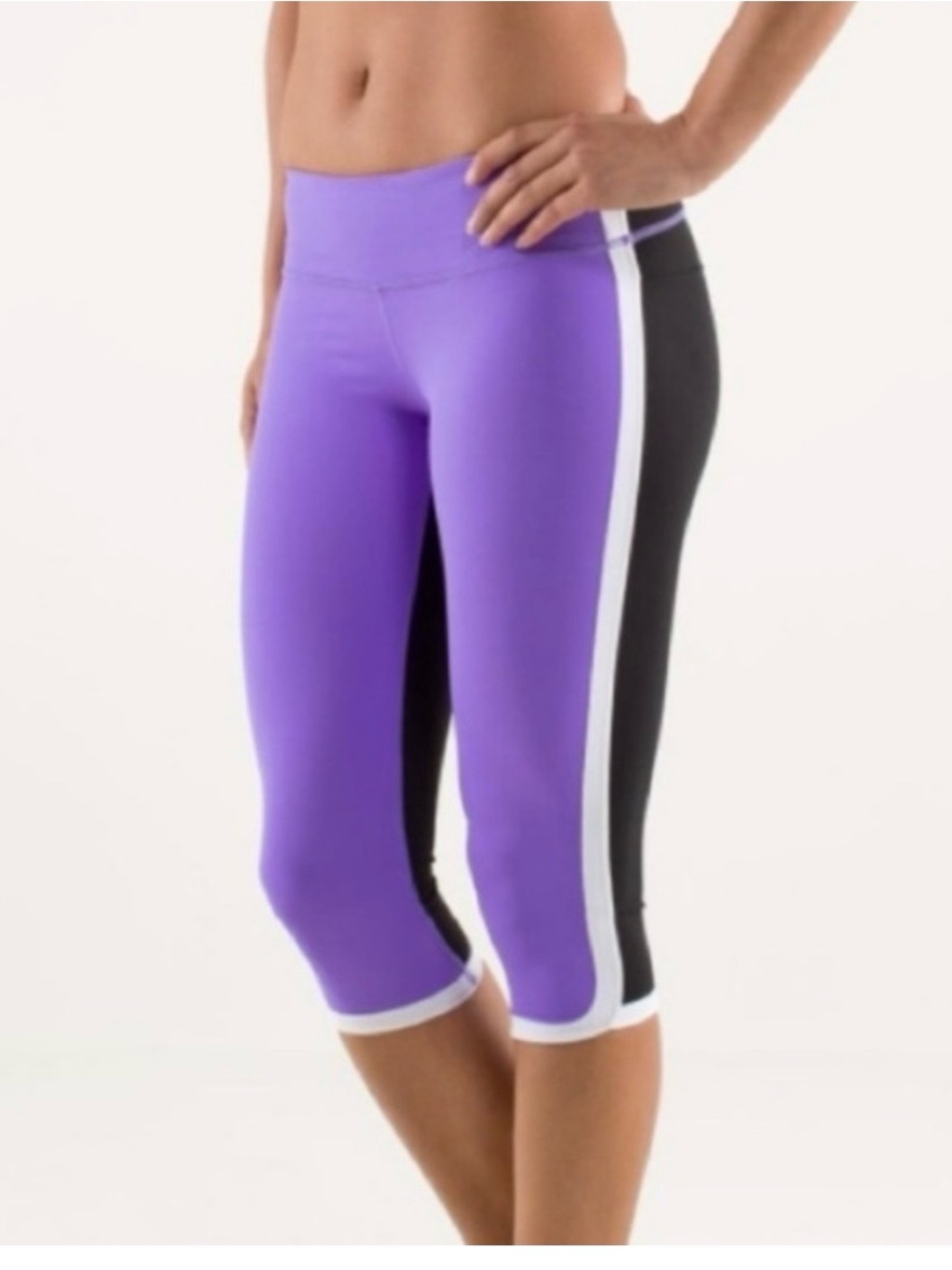 Lululemon Ignite Power Crop Leggings low rise black purple w/ thin white stripe